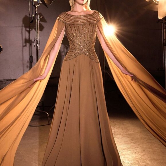 Bronze formal dress. Mother of the bride evening long cape sleeve evening gown - Picture 1 of 5